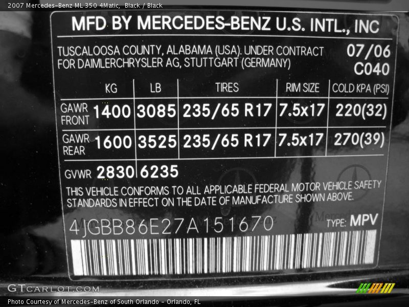 Black / Black 2007 Mercedes-Benz ML 350 4Matic