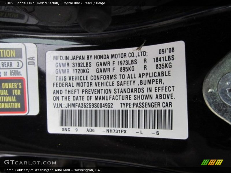 Crystal Black Pearl / Beige 2009 Honda Civic Hybrid Sedan