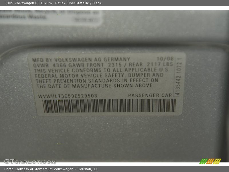 Reflex Silver Metallic / Black 2009 Volkswagen CC Luxury