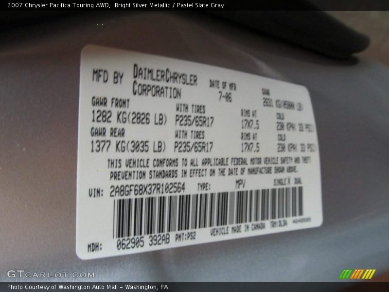 Bright Silver Metallic / Pastel Slate Gray 2007 Chrysler Pacifica Touring AWD