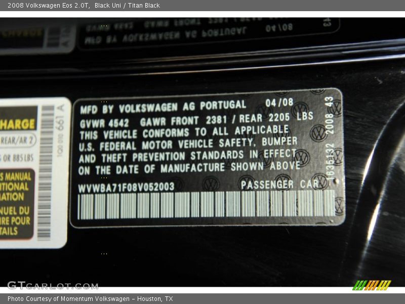 Black Uni / Titan Black 2008 Volkswagen Eos 2.0T