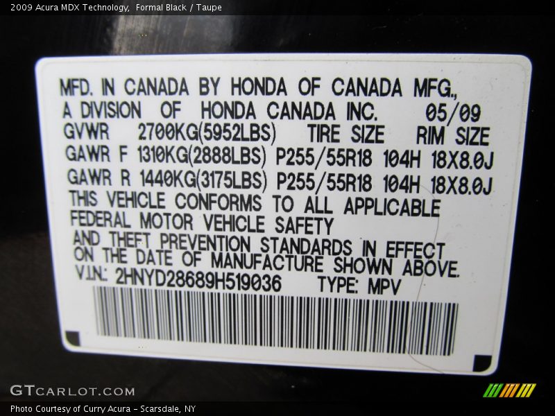 Formal Black / Taupe 2009 Acura MDX Technology