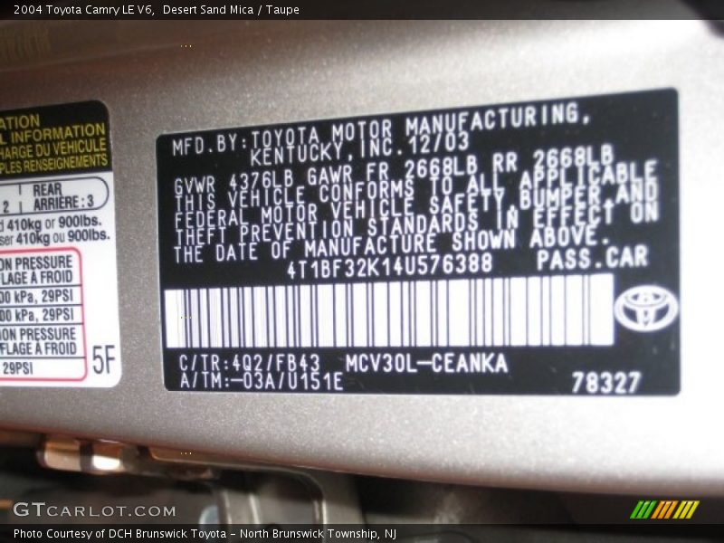 Desert Sand Mica / Taupe 2004 Toyota Camry LE V6