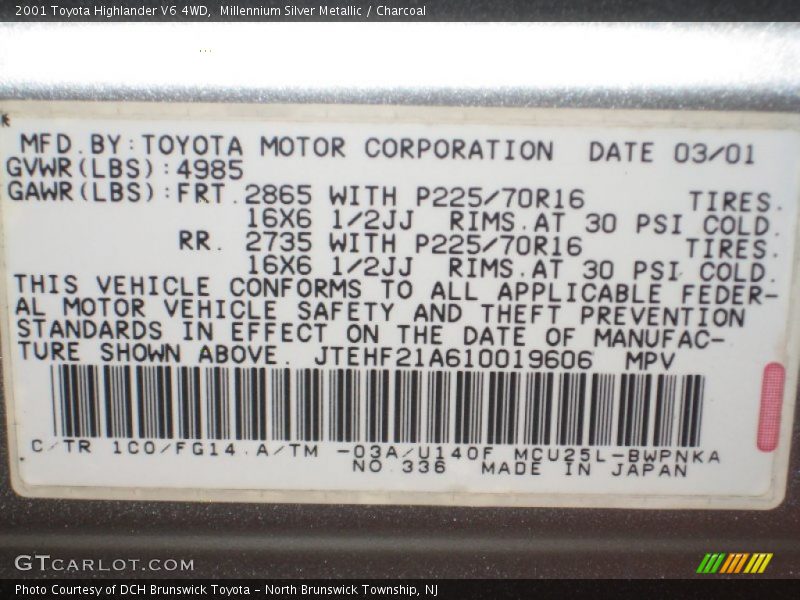 Millennium Silver Metallic / Charcoal 2001 Toyota Highlander V6 4WD