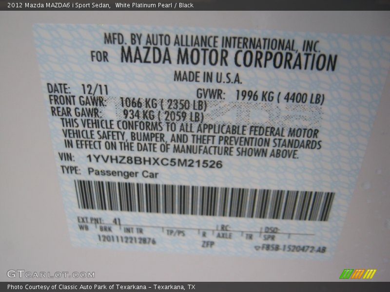 2012 MAZDA6 i Sport Sedan White Platinum Pearl Color Code 41M