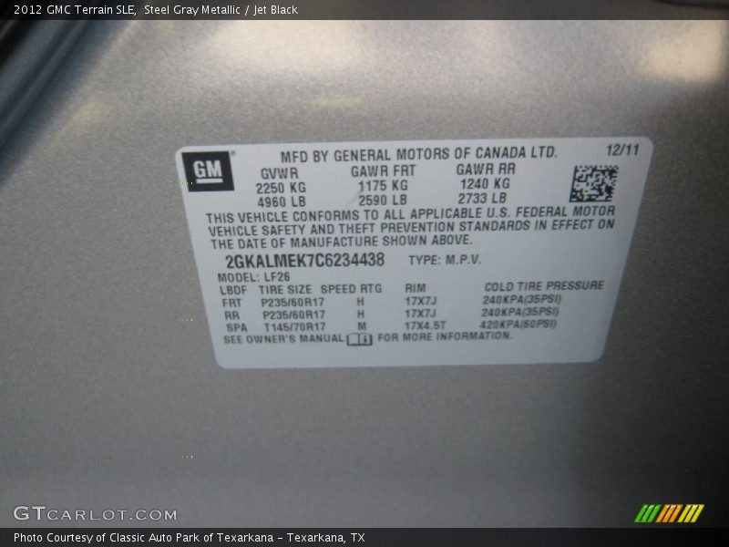 Steel Gray Metallic / Jet Black 2012 GMC Terrain SLE