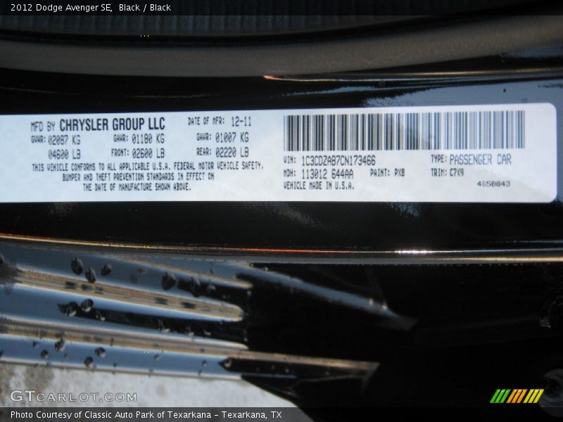 Black / Black 2012 Dodge Avenger SE