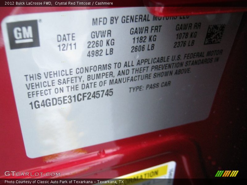 Crystal Red Tintcoat / Cashmere 2012 Buick LaCrosse FWD