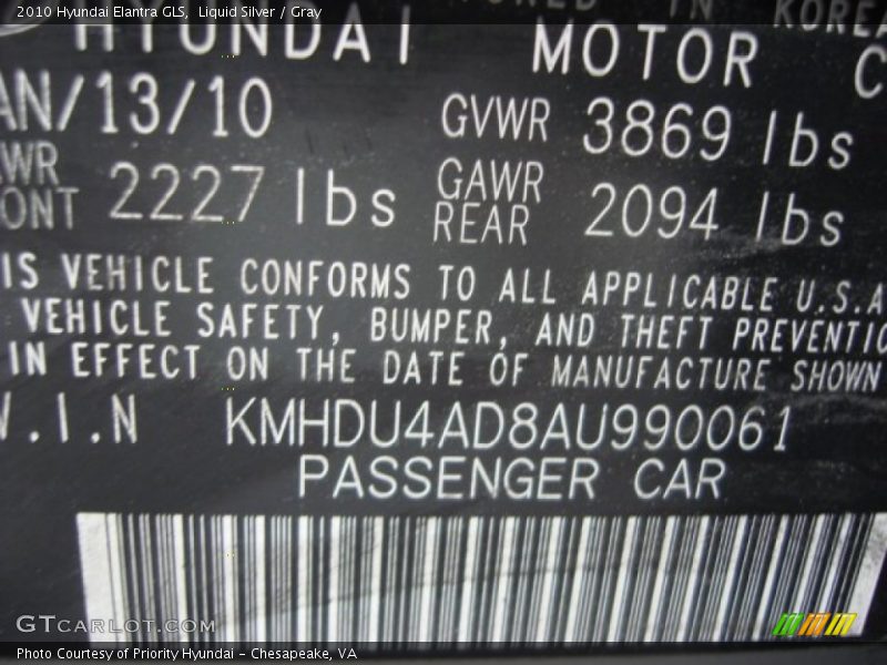 Liquid Silver / Gray 2010 Hyundai Elantra GLS