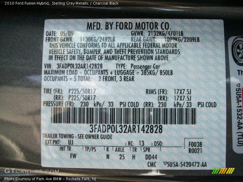 Sterling Grey Metallic / Charcoal Black 2010 Ford Fusion Hybrid