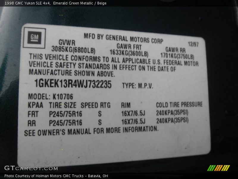 Emerald Green Metallic / Beige 1998 GMC Yukon SLE 4x4