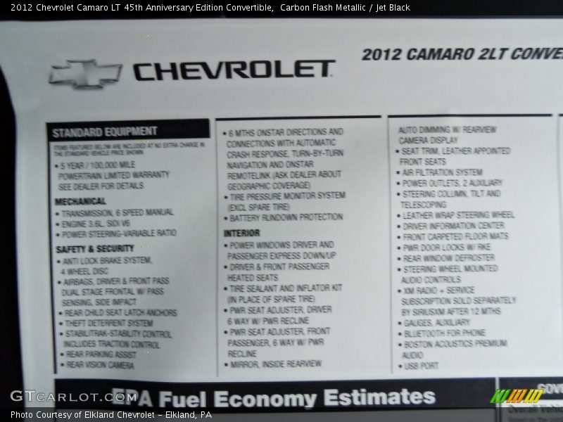  2012 Camaro LT 45th Anniversary Edition Convertible Window Sticker