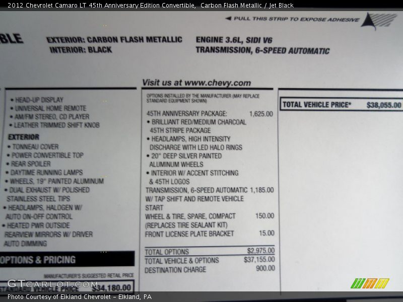  2012 Camaro LT 45th Anniversary Edition Convertible Window Sticker