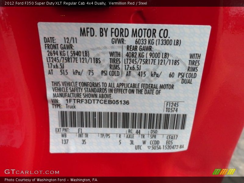 2012 F350 Super Duty XLT Regular Cab 4x4 Dually Vermillion Red Color Code F1
