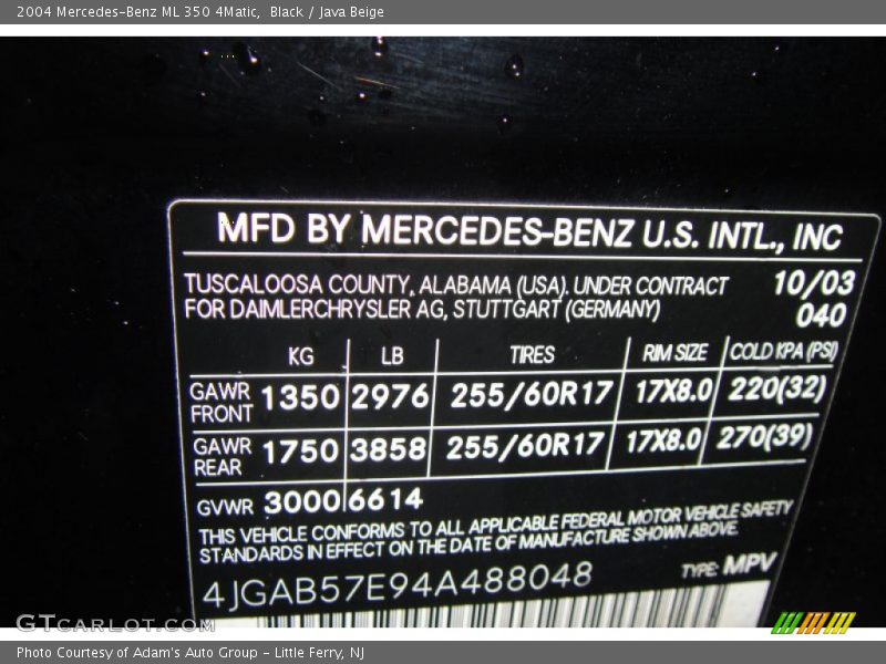 Black / Java Beige 2004 Mercedes-Benz ML 350 4Matic