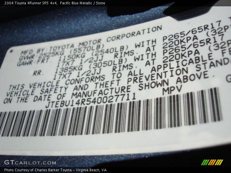 Pacific Blue Metallic / Stone 2004 Toyota 4Runner SR5 4x4