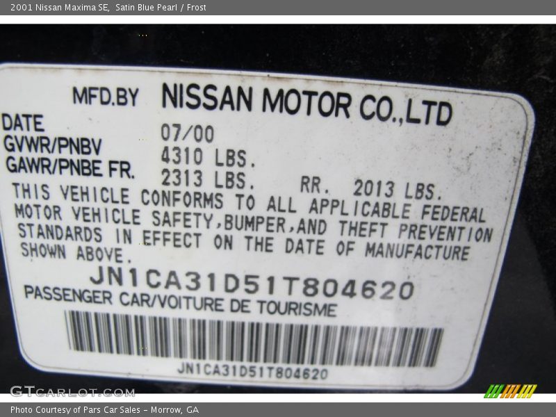 Satin Blue Pearl / Frost 2001 Nissan Maxima SE