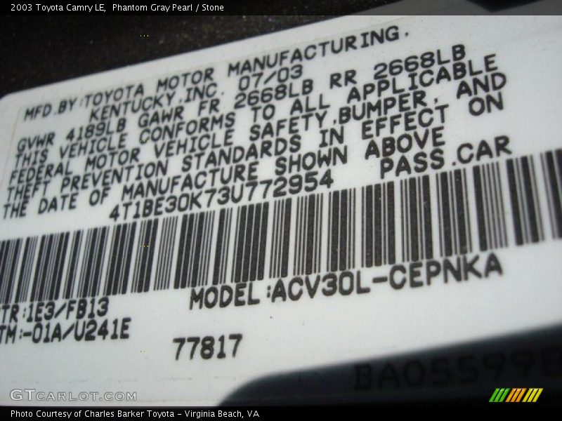 Phantom Gray Pearl / Stone 2003 Toyota Camry LE