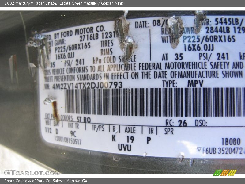 2002 Villager Estate Estate Green Metallic Color Code ST