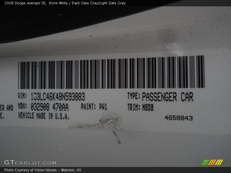 Stone White / Dark Slate Gray/Light Slate Gray 2008 Dodge Avenger SE