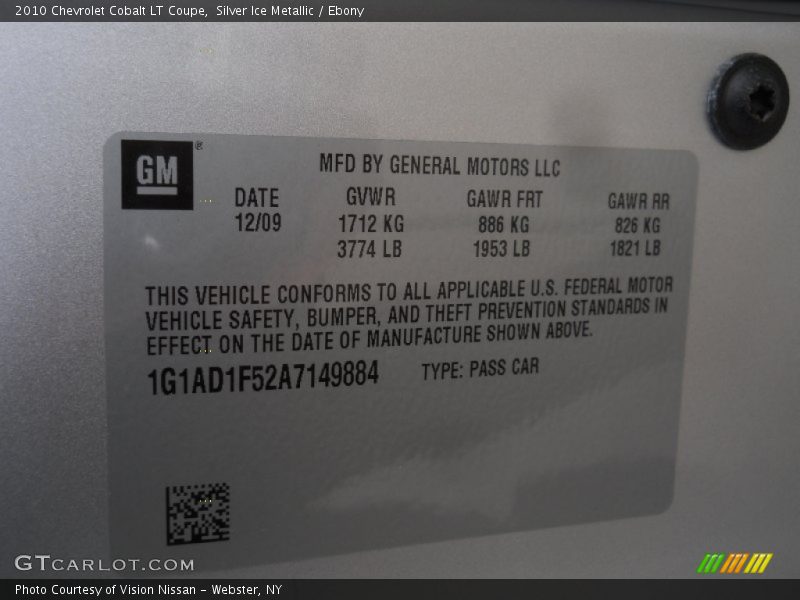 Silver Ice Metallic / Ebony 2010 Chevrolet Cobalt LT Coupe