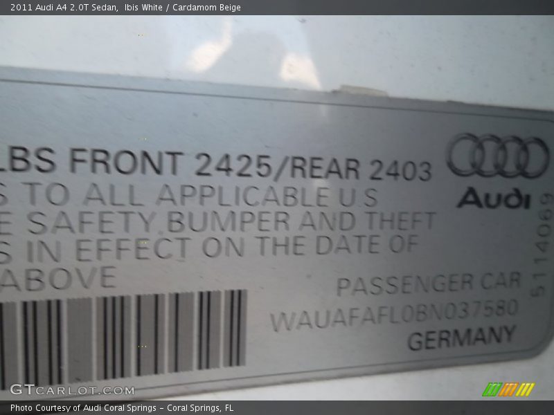 Ibis White / Cardamom Beige 2011 Audi A4 2.0T Sedan