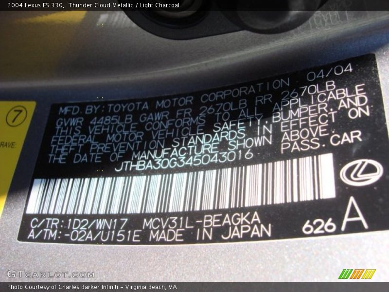 2004 ES 330 Thunder Cloud Metallic Color Code 1D2