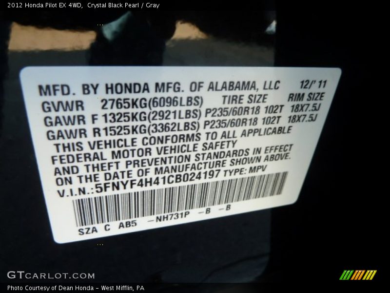 Crystal Black Pearl / Gray 2012 Honda Pilot EX 4WD