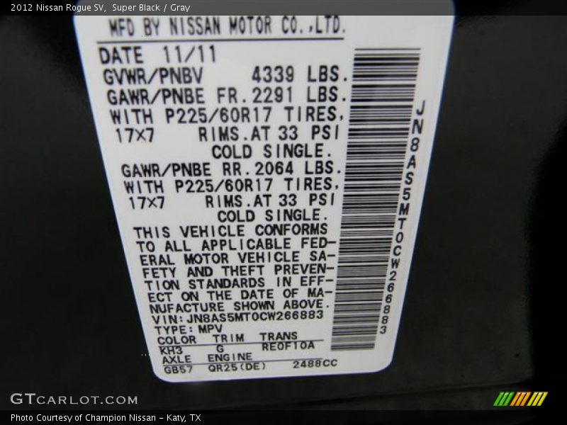 Super Black / Gray 2012 Nissan Rogue SV