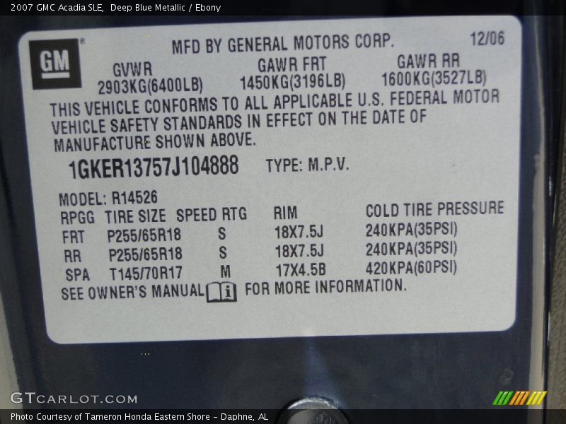 Deep Blue Metallic / Ebony 2007 GMC Acadia SLE