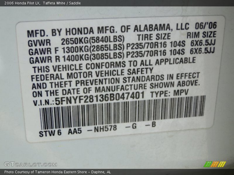 Taffeta White / Saddle 2006 Honda Pilot LX