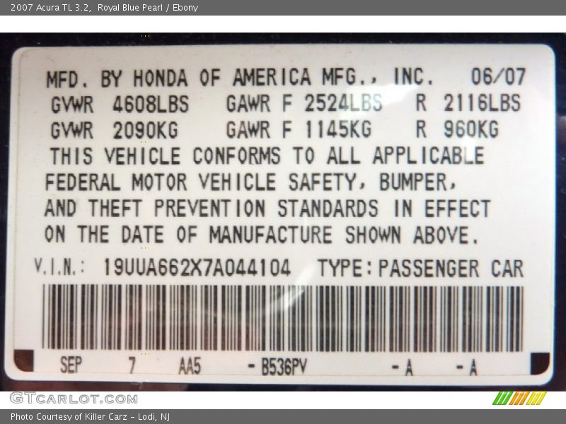 2007 TL 3.2 Royal Blue Pearl Color Code B536PV