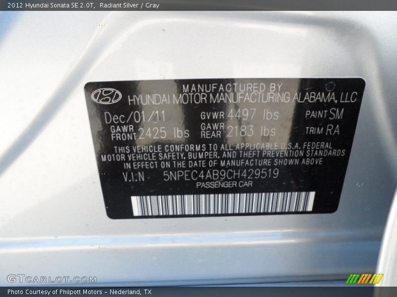 Radiant Silver / Gray 2012 Hyundai Sonata SE 2.0T