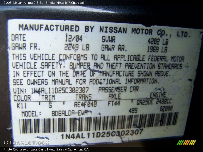 Smoke Metallic / Charcoal 2005 Nissan Altima 2.5 SL