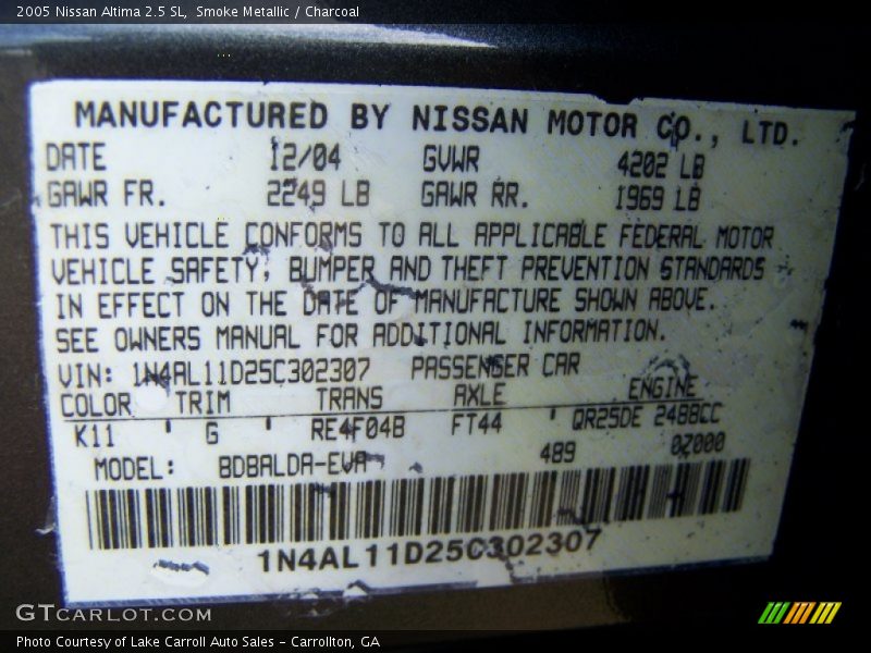 Smoke Metallic / Charcoal 2005 Nissan Altima 2.5 SL