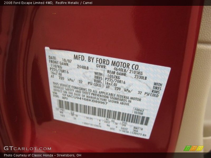 Redfire Metallic / Camel 2008 Ford Escape Limited 4WD