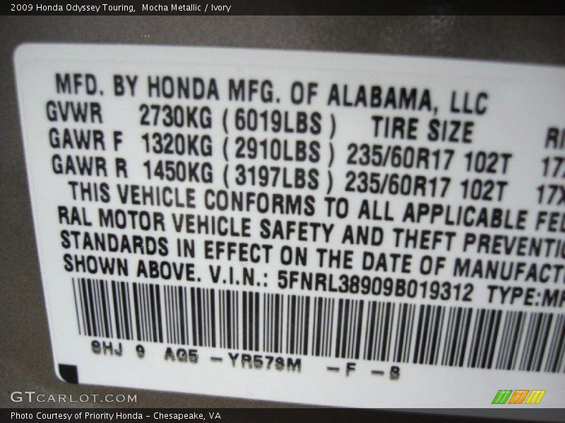 Mocha Metallic / Ivory 2009 Honda Odyssey Touring