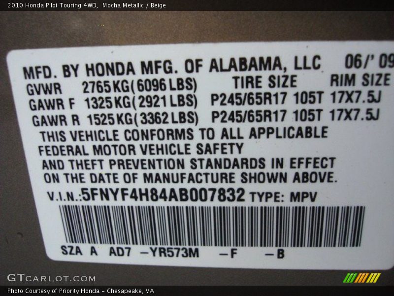 2010 Pilot Touring 4WD Mocha Metallic Color Code YR573M