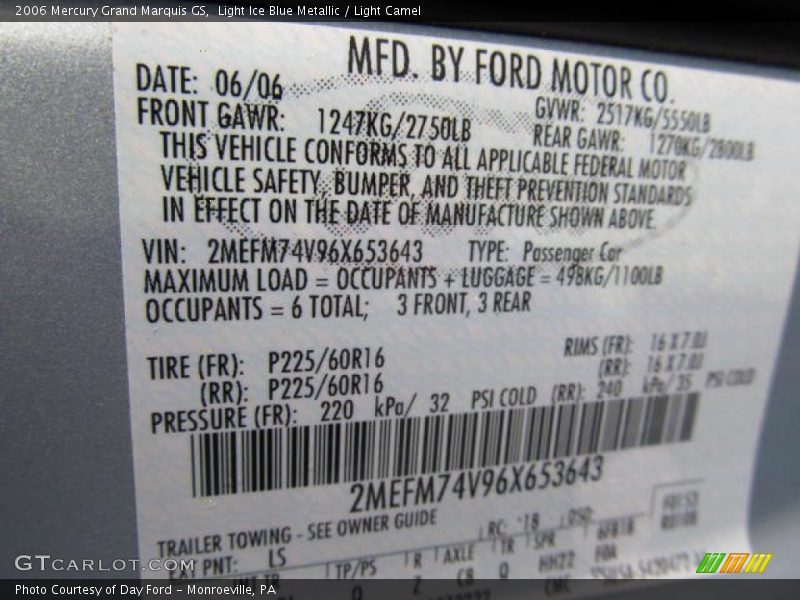 Light Ice Blue Metallic / Light Camel 2006 Mercury Grand Marquis GS