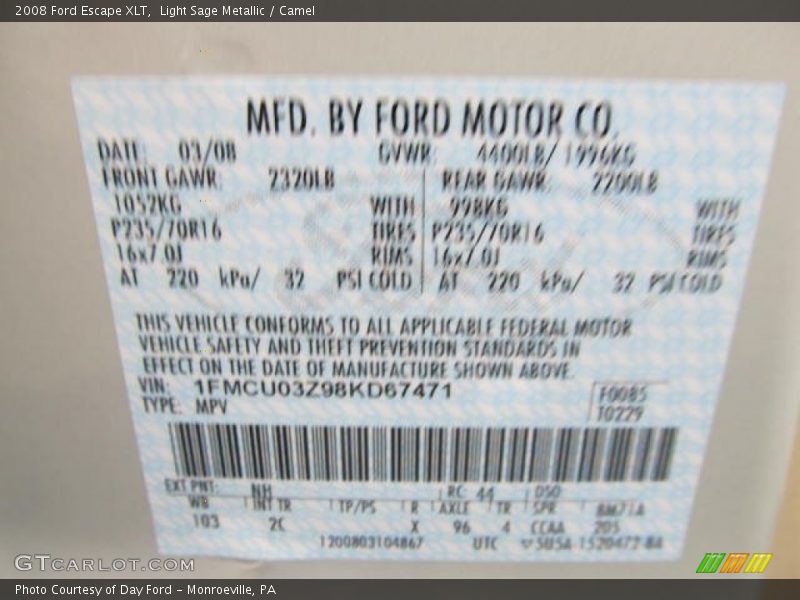 Light Sage Metallic / Camel 2008 Ford Escape XLT
