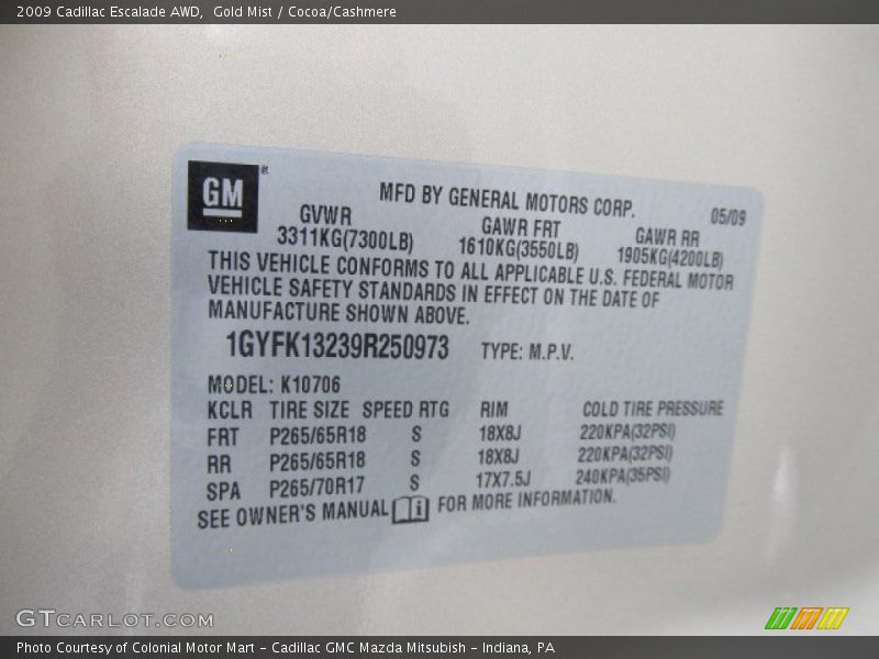 Gold Mist / Cocoa/Cashmere 2009 Cadillac Escalade AWD
