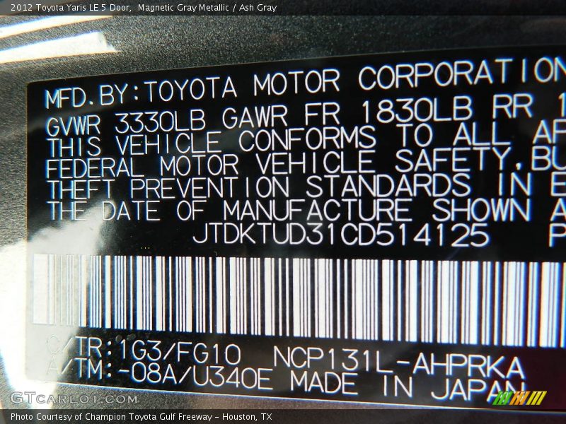 1G3 - 2012 Toyota Yaris LE 5 Door