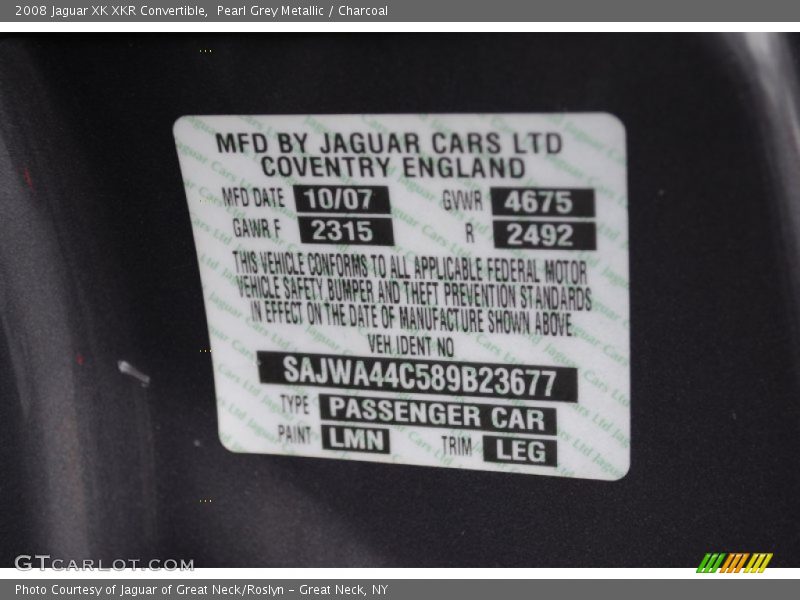 2008 XK XKR Convertible Pearl Grey Metallic Color Code LMN