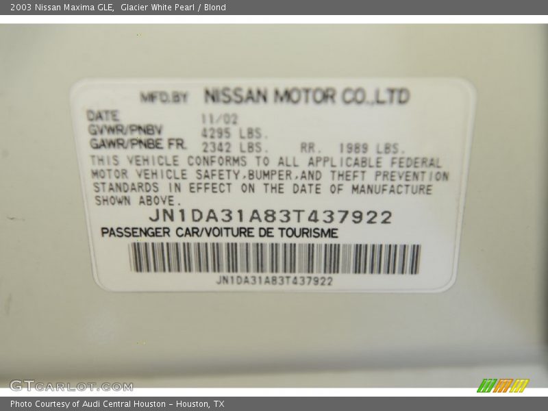 Glacier White Pearl / Blond 2003 Nissan Maxima GLE