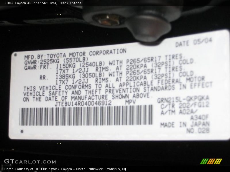 Black / Stone 2004 Toyota 4Runner SR5 4x4