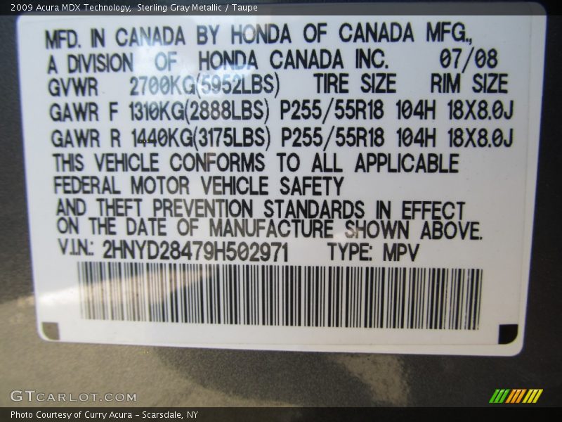 Sterling Gray Metallic / Taupe 2009 Acura MDX Technology