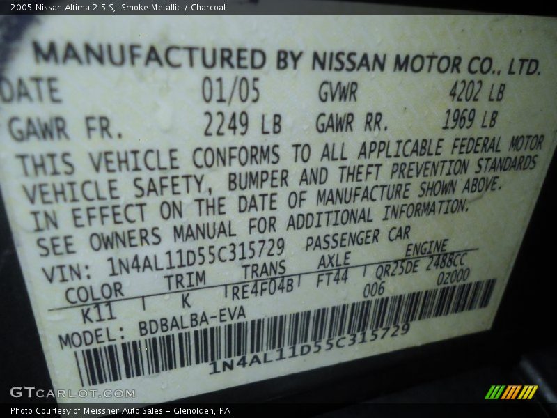 Smoke Metallic / Charcoal 2005 Nissan Altima 2.5 S