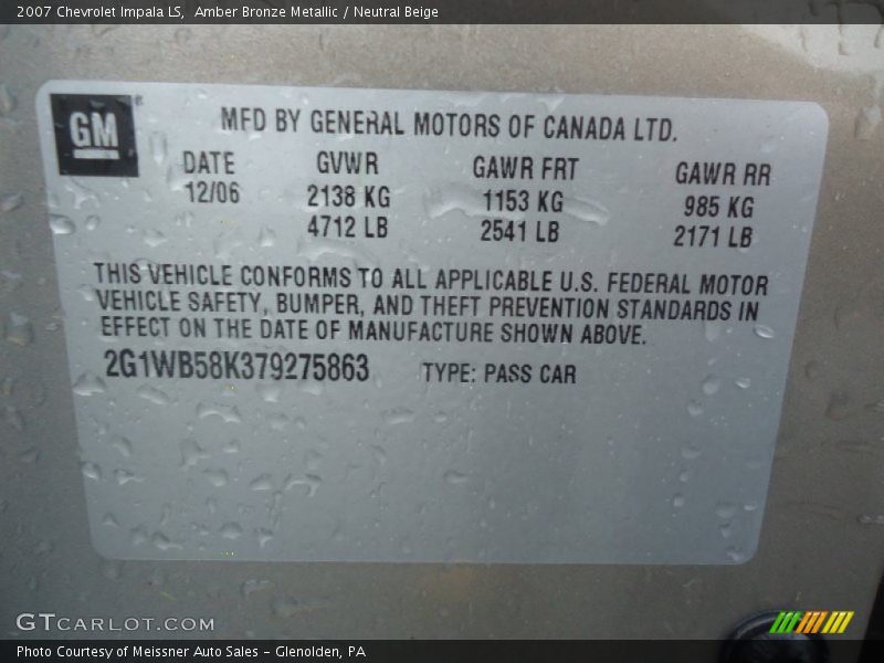 Amber Bronze Metallic / Neutral Beige 2007 Chevrolet Impala LS