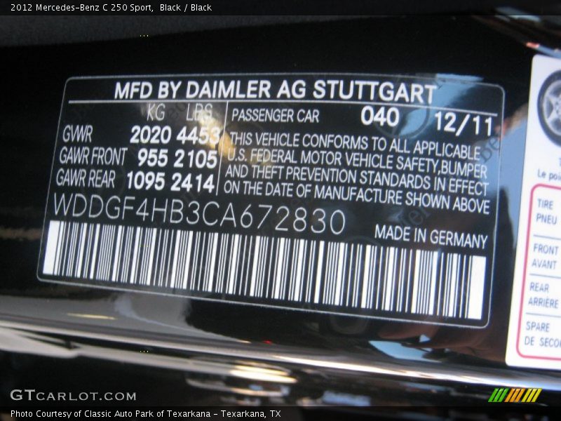 Black / Black 2012 Mercedes-Benz C 250 Sport