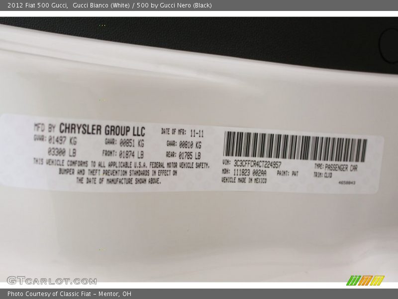 2012 500 Gucci Gucci Bianco (White) Color Code PWT